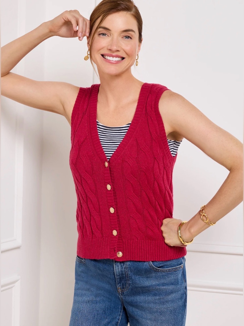 Talbots Cable Knit V-Neck Sweater Vest Fall Berry Size 1XP